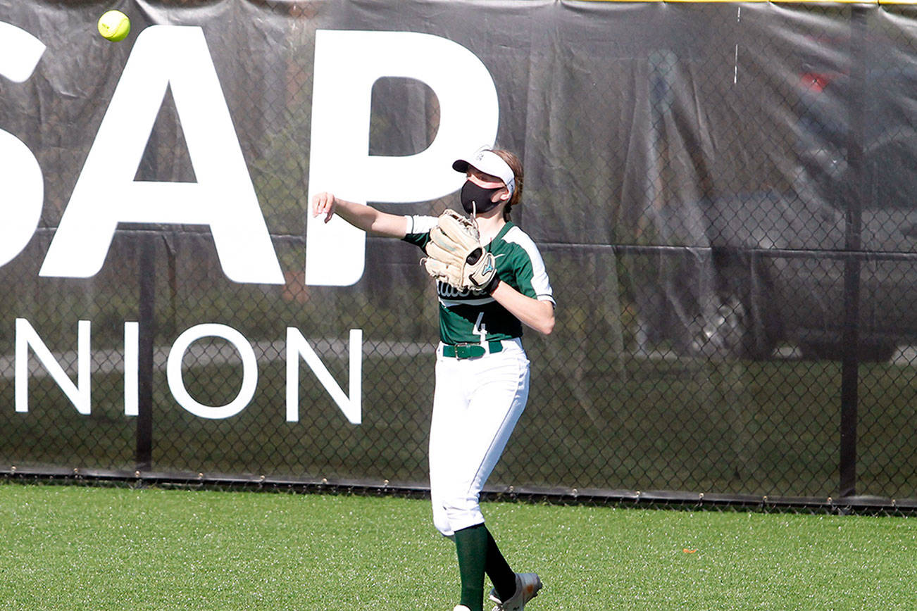 Mark Krulish/Kitsap News Group
Port Angeles' Teagan Clark makes the throw in from right field after a hit at the 18th Kitsap Athletic Roundtable Softball Showcase in Silverdale. Clark was named National team MVP after striking out four in three scoreless innings on the mound as the Nationals rallied for an 11-7 win over the Americans.