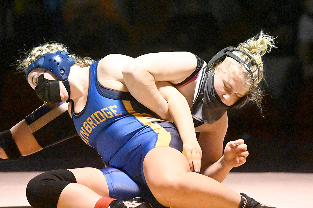 Michael Dashiell/Olympic Peninsula News Group
Sequim junior Petra Bernsten, right, controls her Bainbridge opponent during a match earlier this month. Bernsten has been selected the Olympic League Girls Wrestling MVP.