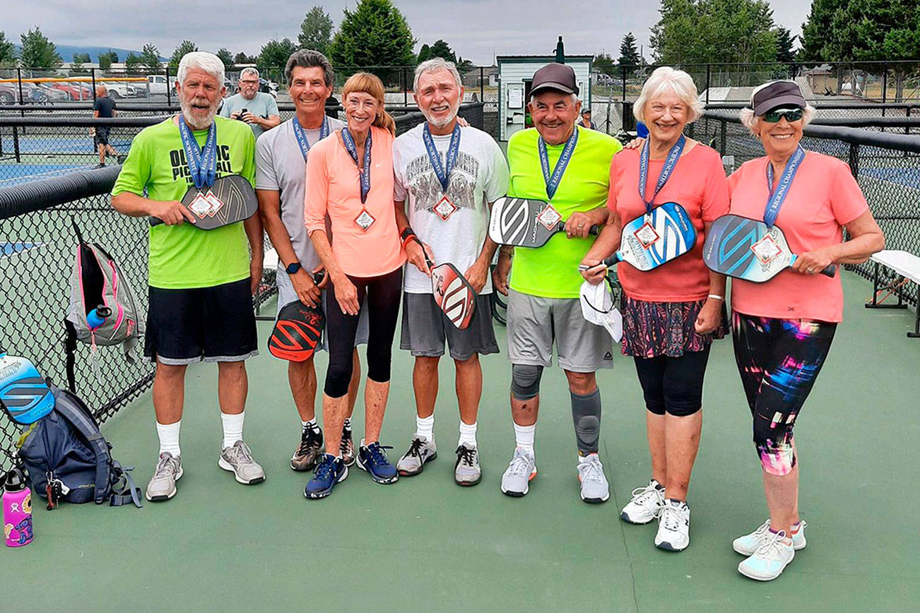 Sequim Picklers members from left, Steve Bennett, Richard Reed, Colleen Alger, John Herbolt, Bob Sester, Jeannie Ramsey and Beverly Hoffman were part of 14-strong Sequim Picklers contingent that competed at the 2021 USA Pickleball Pacific Northwest Regional Championship in Boise, Idaho, last month.