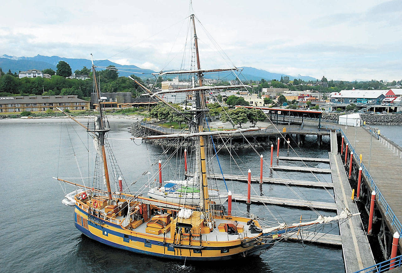 The tall ship Hawaiian Chieftain sits at a berth at Port Angeles City Pier during a 2012 visit to Port Angeles. (Keith Thorpe/Peninsula Daily News)