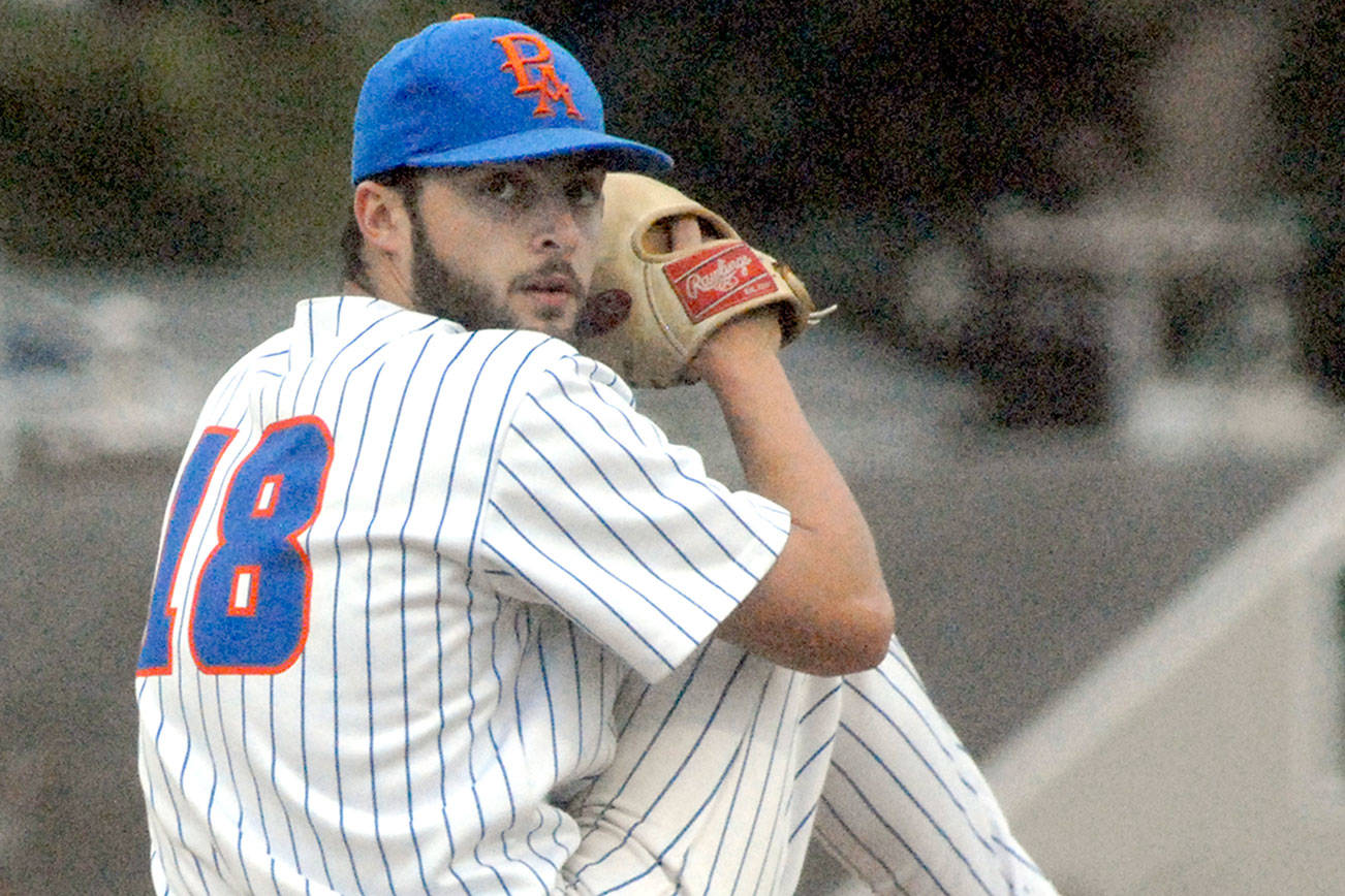 Keith Thorpe/Peninsula Daily News
Lefties pitcher Justin Miller thows in the first inning against Walla Walla on Friday night at Port Angeles Civic Field.