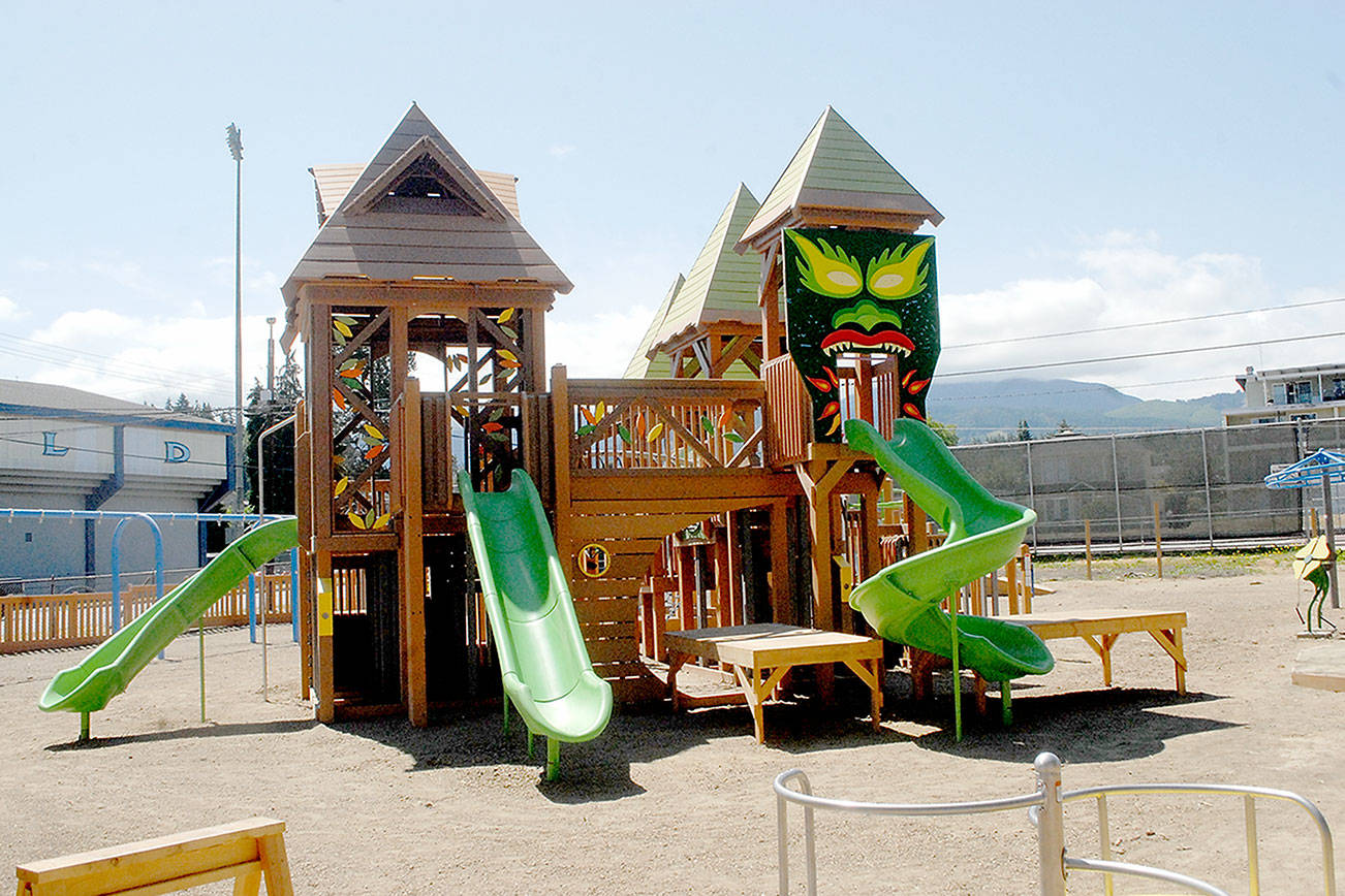 Keith Thorpe/Peninsula Daily News
The centerpiece play structure of the Generation II Dream Playgroun at Erickson Playfield stands over the surrounding play area on Thursday in Port Angeles. Organizers from the nonprofit Dream Playground Foundation have scheduled a work session to complete the playground from 8 a.m. to noon Sunday. Volunteers are asked to bring their own cordless woodworking and landscaping tools. Play surface installation is sheduled to begin Aug 2 with a soft opening and ribbon cutting planed for Aug. 14.