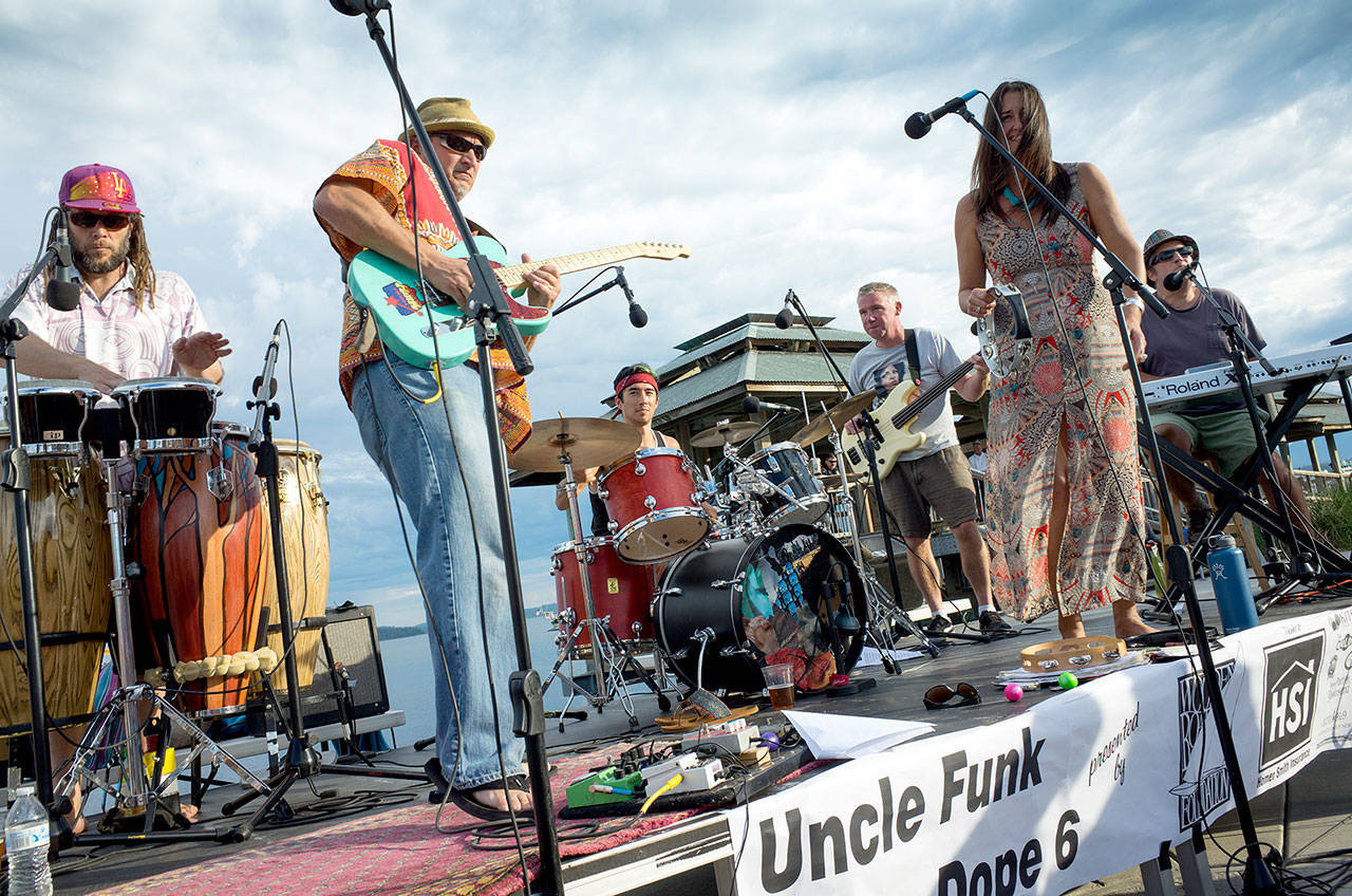 Uncle Funk and the Dope Six — from left, Jesse Watson, Tim Halpin, Tomoki Sage, Kyle Dannert, Megan Hudson and Pete Lack — will start Port Townsend’s Concerts on the Dock series Thursday evening. (photo by David Conklin/Port Townsend Main Street Program)