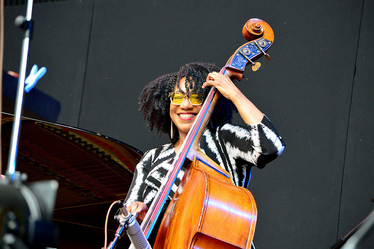 Detroit native Marion Hayden is part of the Jazz Port Townsend ensemble, which filled the air with music during Saturday’s long-awaited concert at Fort Worden State Park. The sold-out show, presented by Centrum, drew listeners inside and outside the fence around Littlefield Green beside McCurdy Pavilion. Centrum’s Acoustic Blues Festival concert, also on the green, is set for next Saturday. (Diane Urbani de la Paz/Peninsula Daily News)