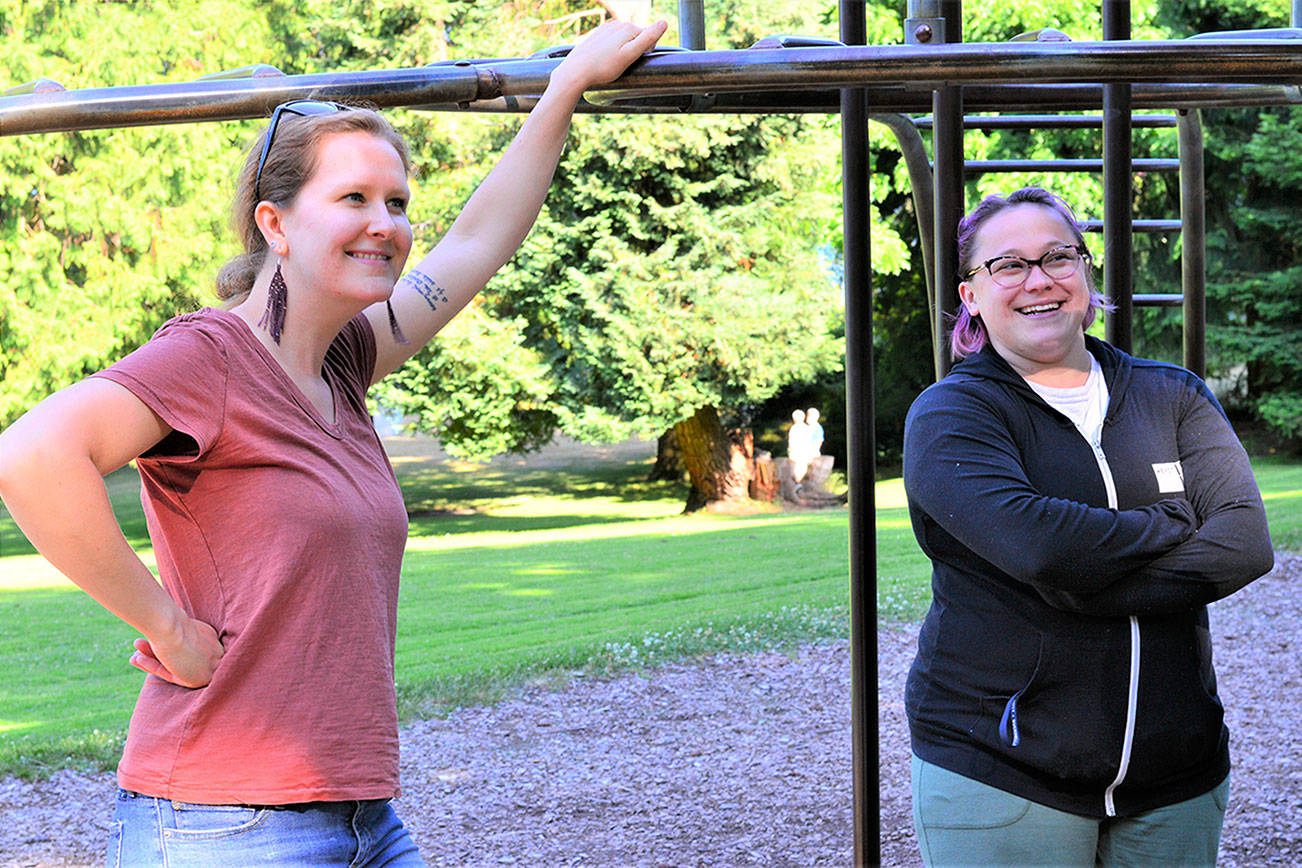 The leaders of two Aug. 14-15 theater camps in Quilcene — for children age 8 to 12 and teens 13 to 17 — include teaching artists Maggie Bulkley, left, and Bry Kifolo of Key City Public Theatre. (Diane Urbani de la Paz/Peninsula Daily News)