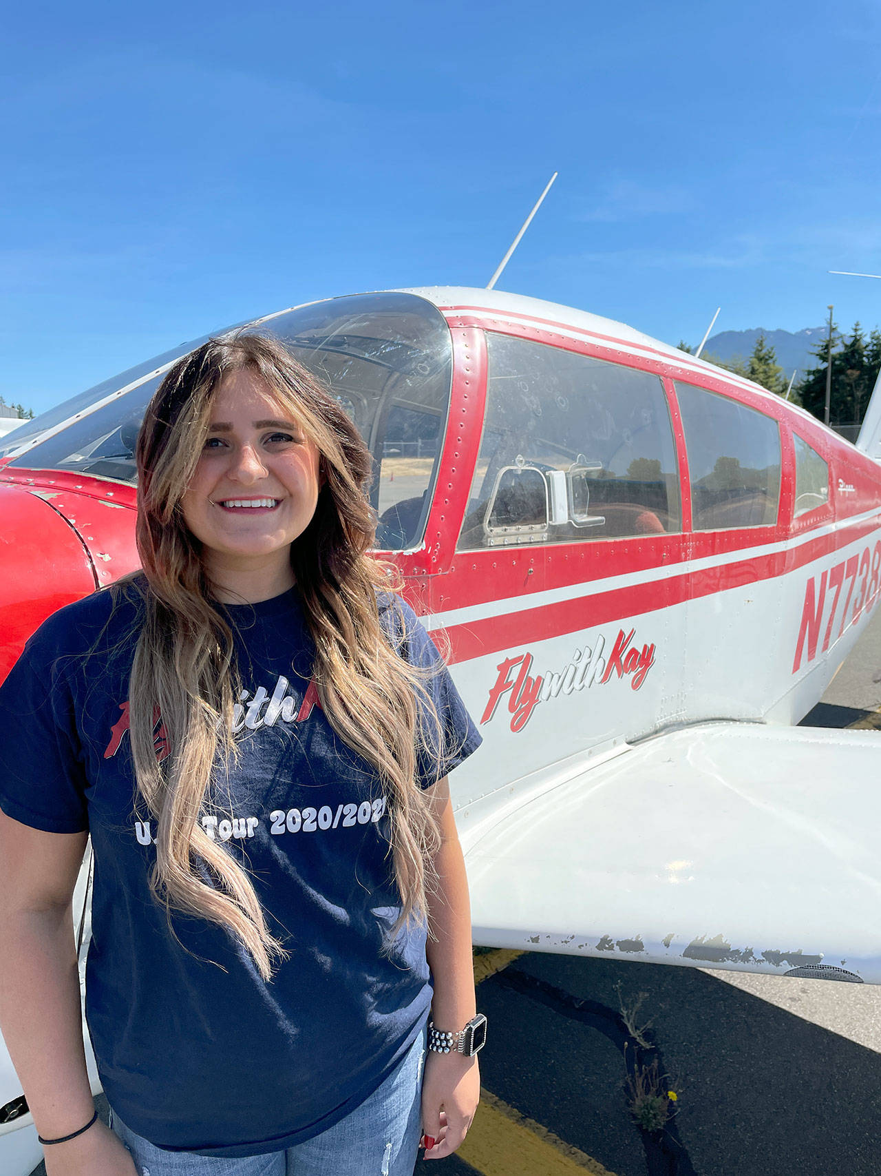 A TikTok influencer who goes by the pseudonym Kay Hall visited Port Angeles last week, arriving on her plane, Lil Red. (Scott Gardinier/Peninsula Daily News)