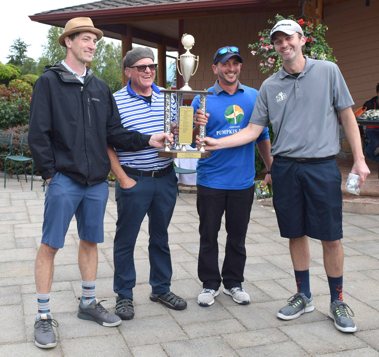 The winners of the 2021 Bob Cup are, from left, Adam Shantz, Dean Owen, Derek Moore and Brandon Lancelle. Shantz claimed the long drive competition, and KP winners were Randy Wescott (fourth hole) and Jake Lotzgesell (17th). The tournament, a fundraiser for Clallam Mosaic, saw 83 golfers raise more than $18,000 for the special-needs nonprofit.