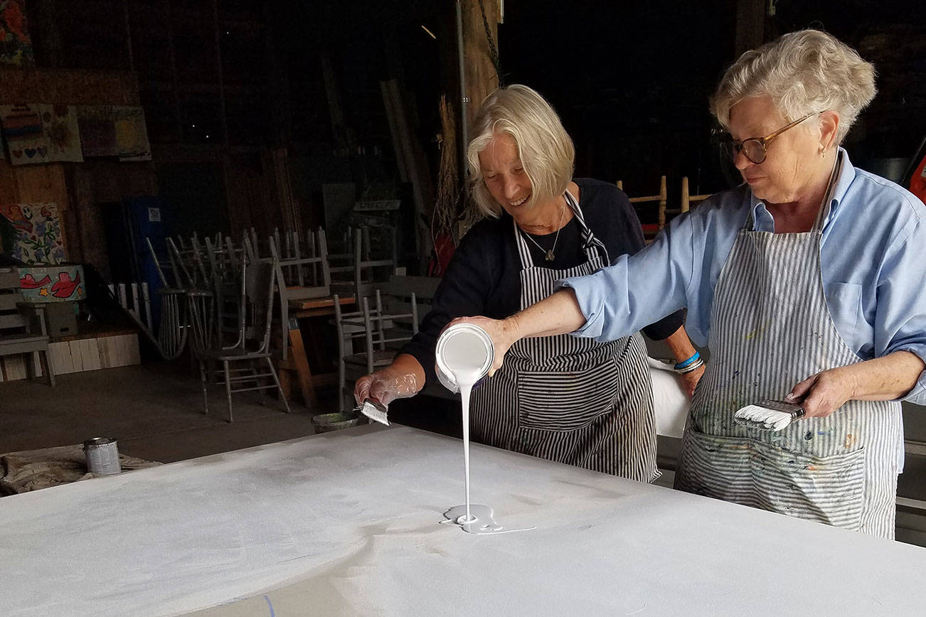 Sequim artists Lynne Armstrong, left, and Mary Franchini will collaborate on a piece of art during the 2021 ARTjam event, held in parallel with Sequim’s ARTfusion event on Sunday and Monday. Submitted photo