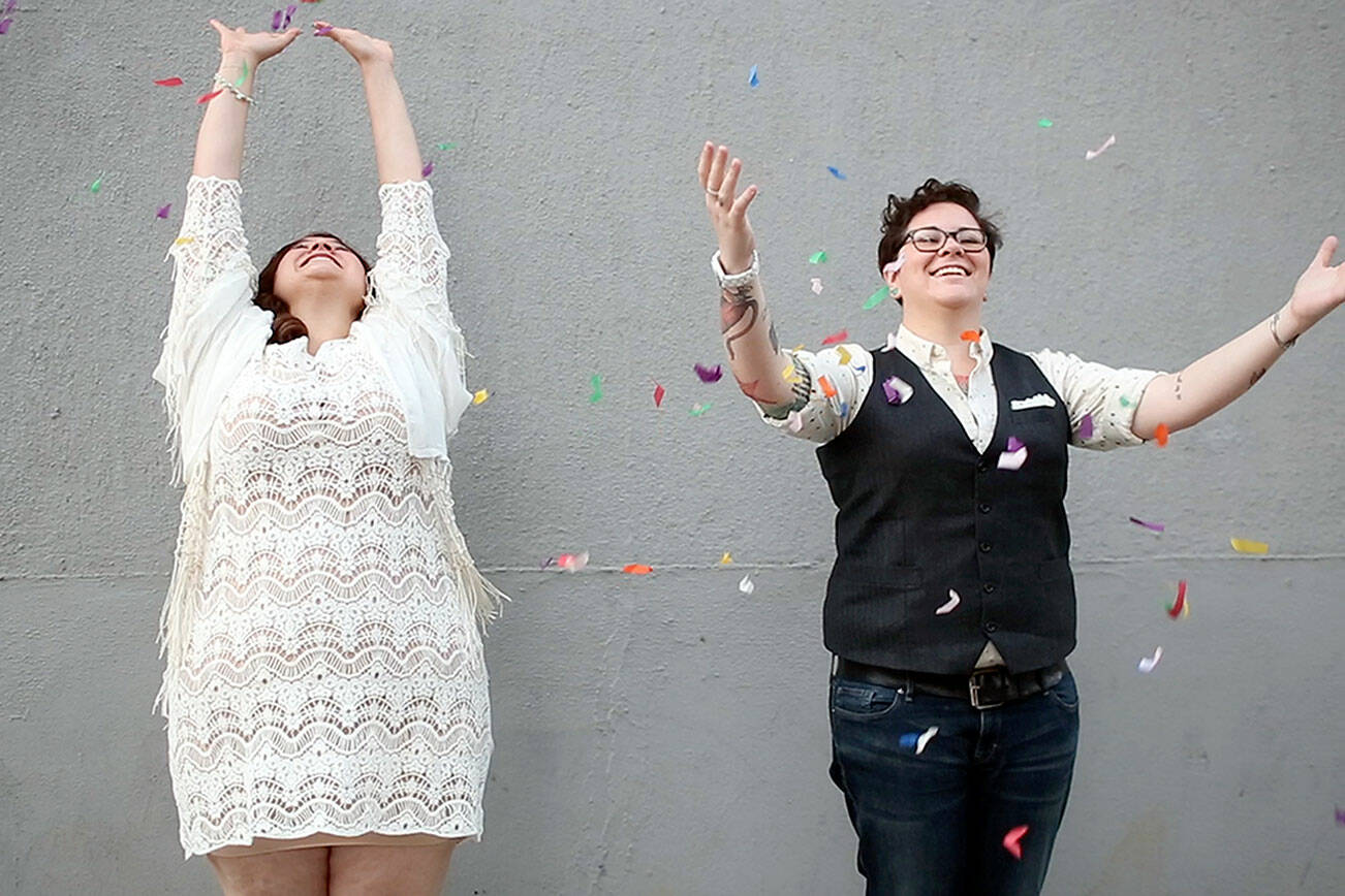 Felicidad Garcia, left, marries Dese’rae L. Stage in one of the joyful moments in “The S Word,” the Port Townsend Film Festival Pic available for free streaming throughout this week. (Photo courtesy of “The S Word”)