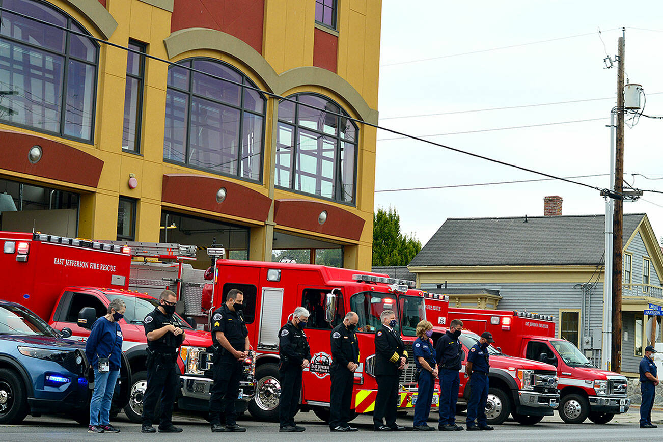 Saturday at 8:46 a.m., East Jefferson Fire & Rescue and Port Townsend Police Department crew members bowed their heads for one minute of silence. A brief ceremony outside the EJFR station at Lawrence and Harrison streets honored the first responders who served at the sites attacked on Sept. 11, 2001.