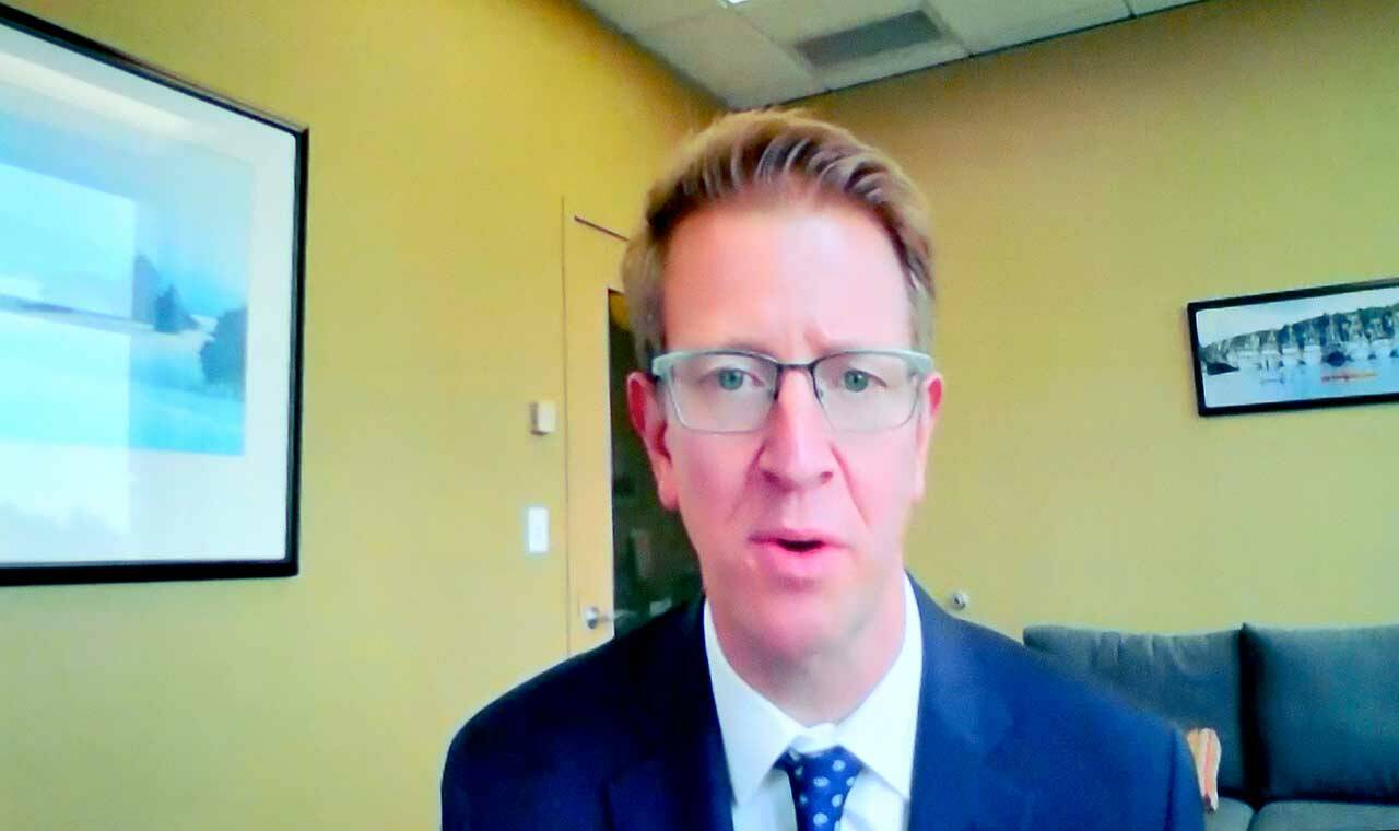 U.S. Rep. Derek Kilmer meets via Zoom with the Chamber of Jefferson County on Friday. (Diane Urbani de la Paz/Peninsula Daily News)