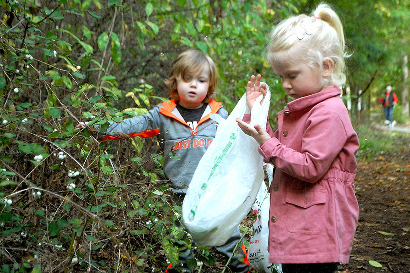 Tucker Weatherly, 3, and Mary Wakefield, 2 1/2, collect leaves and berries from bushes and trees at Railroad Bridge Park in Sequim. They were both on a nature outing last week from Carlsborg-based Bibity Bobity Child Care. (Keith Thorpe/Peninsula Daily News)