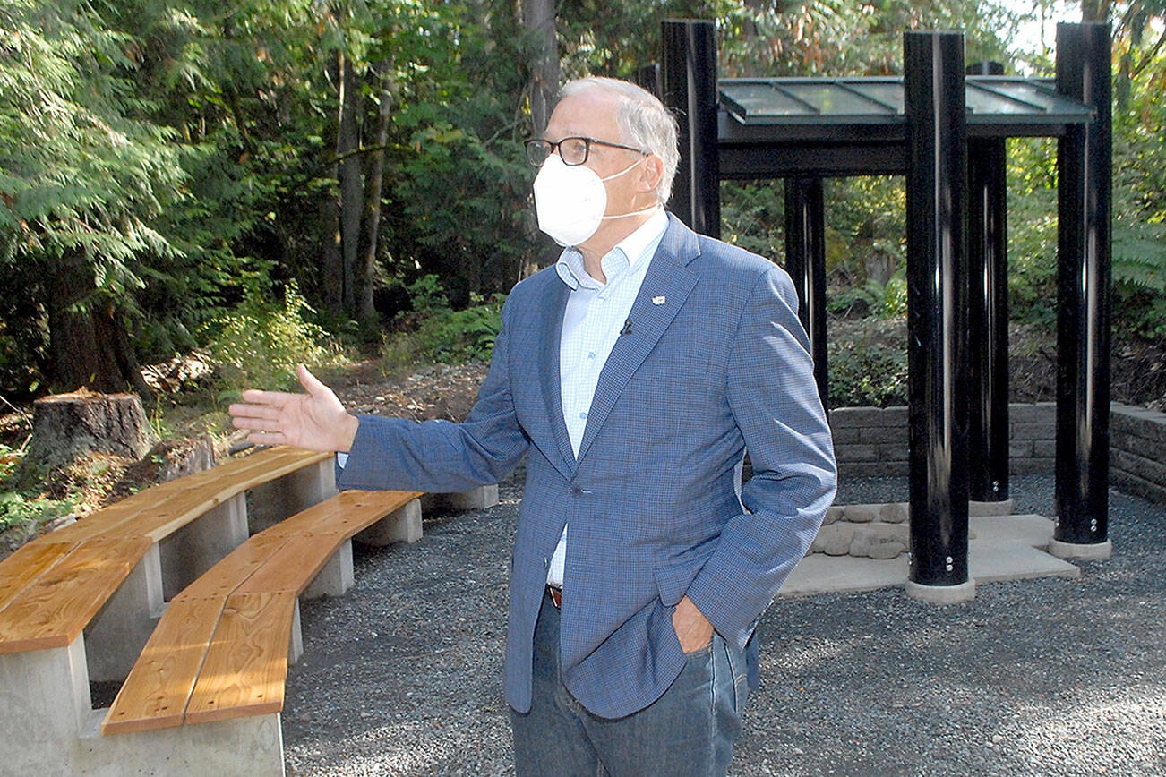 Gov. Jay Inslee speaks Friday following an appearance at the Peninsula College campus in Port Angeles (Keith Thorpe/Peninsula Daily News)