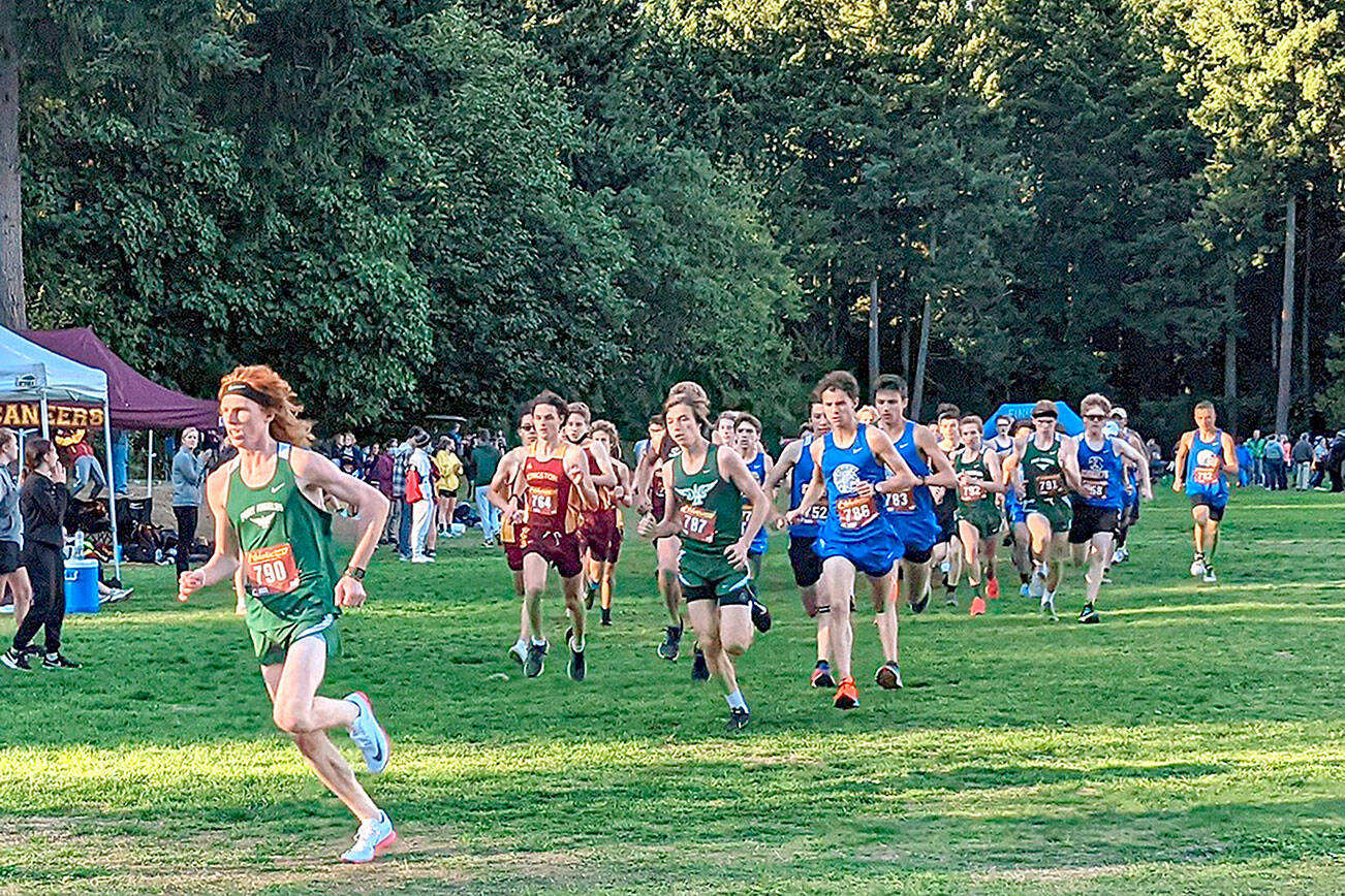 Rodger Johnson photo
Port Angeles' Jack Gladfelter, far left, leads the pack at an Olympic League 2A cross-country meet in Bremerton on Wednesday. Gladfelter won the boys' race while Sequim's Riley Pyeatt won the girls' race.