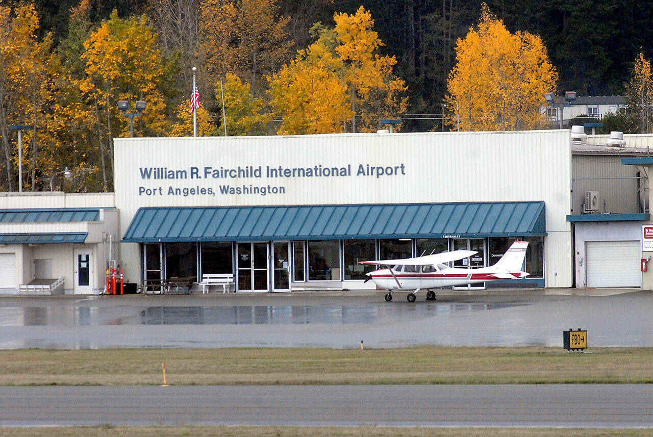 A Rite Bros. Aviation Cessna sits outside the terminal building at William R. Fairchild International Airport in Port Angeles on Tuesday. (Keith Thorpe/Peninsula Daily News)