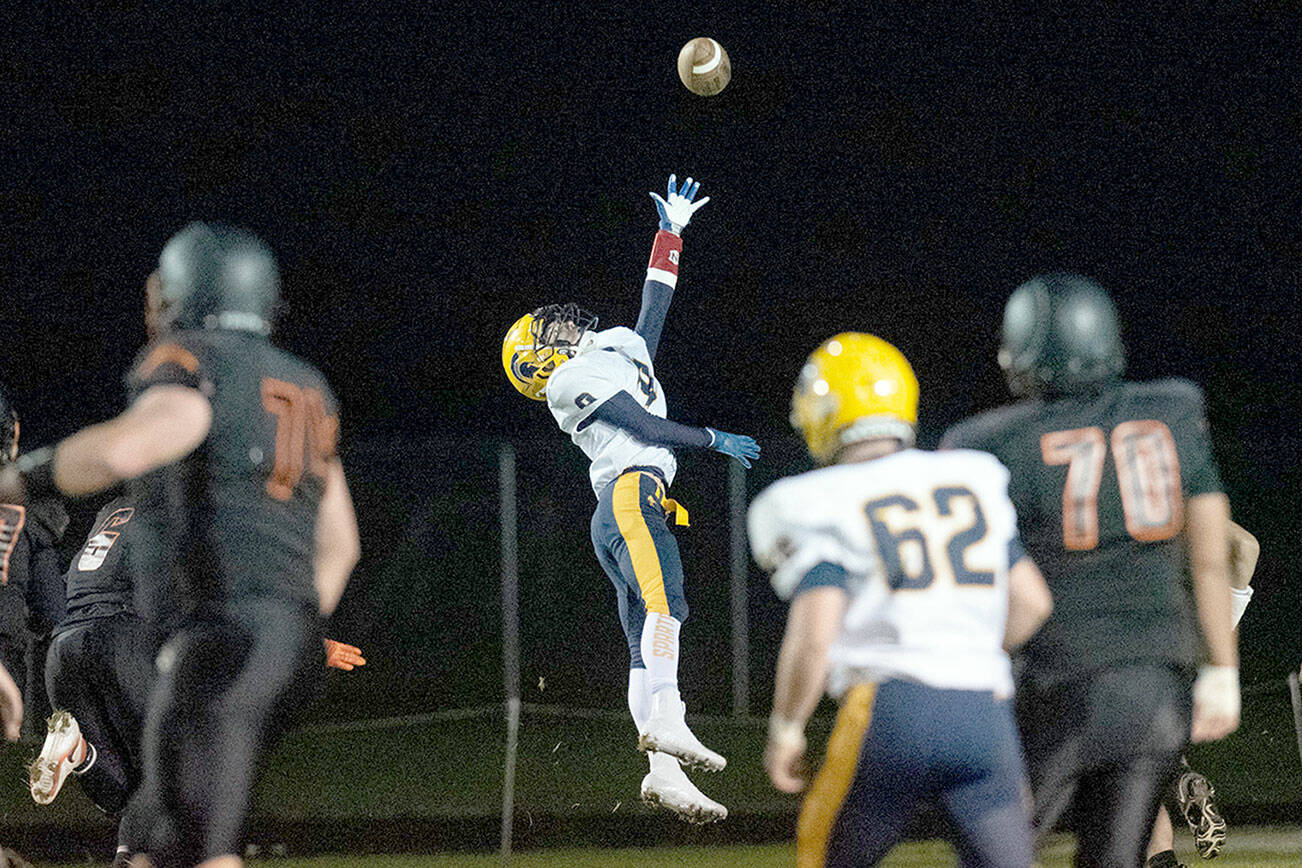 Alec Dietz / The Chronicle
Forks' Dalton Kilmer leaps for a pass during an October game with Napavine. Kilmer was one of numerous Spartans named to the Class 2B Southwest District North Division All-League Team this week.