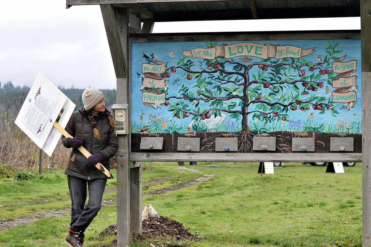 At Chimacum's Finnriver Farm, cofounder Crystie Kisler admires Kira Mardikes' painted tribute to the land and its creatures. The painting stands near Finnriver's "gratitude walk," part of the farm's activities today through Sunday. Diane Urbani de la Paz/Peninsula Daily News