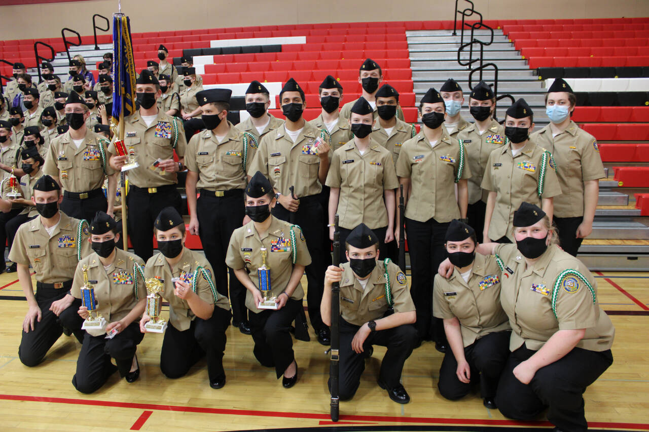 The Port Angeles High School ROTC team. From left, back row, are Liam McBride, Finn Thompson, William Rife, William Webber, Kaeden Murphy, Jenna Sanders and Ashe Thomason. From left, middle row, are Lucas Gavin, Naaman McGuffey, Anthony Brigandi, Brian Guttormsen, Brenna Murphy, Octavia Smith and Katelyn Sanders. From left, front row, are Javen DeScala, Cheyenne Maggard, Addie Lomax, Clara Murphy, Liam Warren, Allison Pettit and Katherine Ghrist. (Photo courtesy Port Angeles High School)