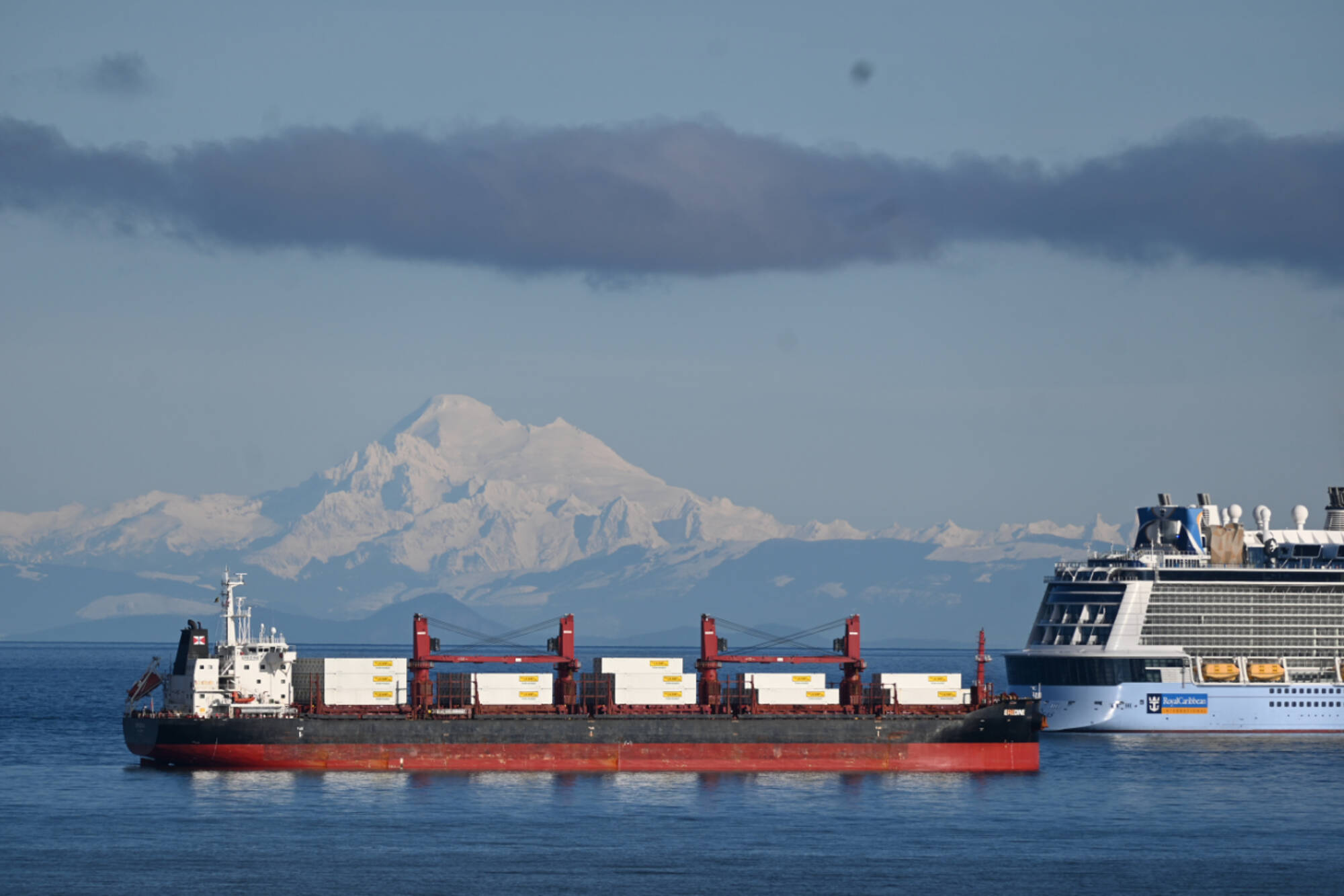 Clear day over Port Angeles Harbor

Mount Baker looms Sunday afternoon over the Chinese-built bulk carrier Eredine and the cruise ship Ovation of the Seas, anchored at two of six federally designated anchor points in Port Angeles Harbor. The Ovation of the Seas is circling the Puget Sound area until it can either go to Australia or start its Alaskan season. Only crew members are on board. (Paul Gottlieb/Peninsula Daily News)