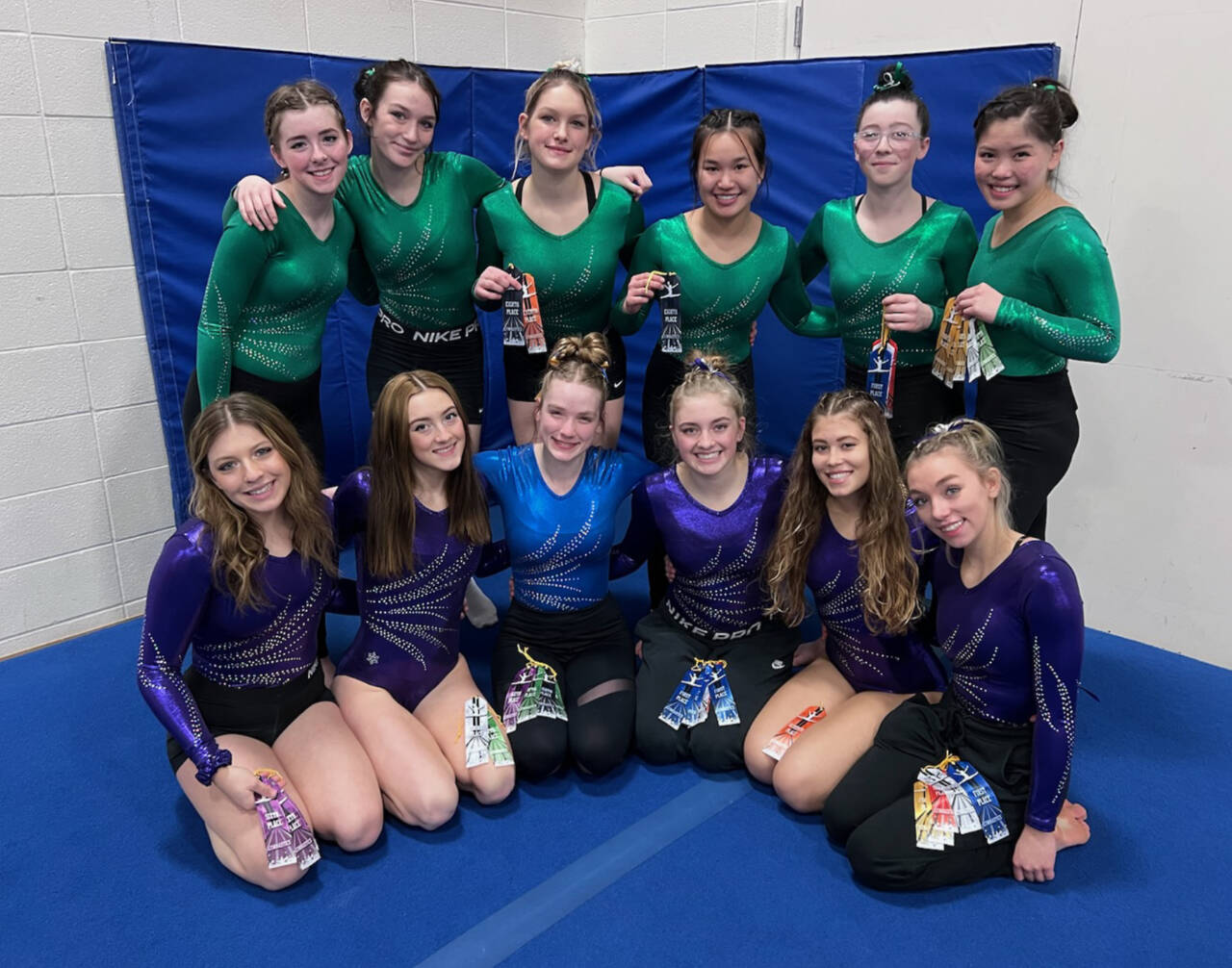 The Port Angeles/Sequim/Crescent gymnastics team won a dual with Kingston this weekend. From left, back row, are Faith Caar, Maddie Adams, Kathryn Jones, Yau Fu, Jessamyn Schindler and Mei-Ying Harper-Smith. From left, front row, are Ellie Turner, Danica Pierson, Aubrie Scott, Alex Schmadeke, Amara Brown and Susannah Sharp. (Courtesy photo)