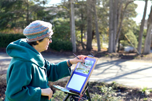 Madeline Nelson of Port Townsend works in watercolors and bright sun on the grass outside the Jefferson County Courthouse. The plein air painter typically spends just an hour finishing a piece before her hands get too cold. (Diane Urbani de la Paz/Peninsula Daily News)