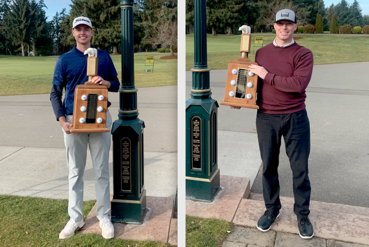 Cedars at Dungeness photo
At left, Dalton Dean of the Everett Golf and Country Club won the gross amateur at the 2022 Polar Bear  tournament held at the Cedars at Dungeness Golf Course this weekend. At right, Joel Skarbo of Seattle won the professional tourney at the 2022 Polar Bear tournament.