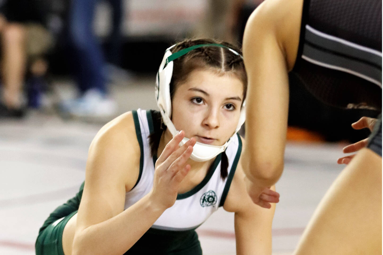 Roger Harnack | Cheney Free Press
Natalie Johnson of Port Angeles looks for position to shoot on Lynette Espinoza of Davis during a girls 100-pound match Friday at the state Mat Classic wrestling tournament in the Tacoma Dome. Johnson won the match by decision, 3-2. Johnson came in eighth in the state.