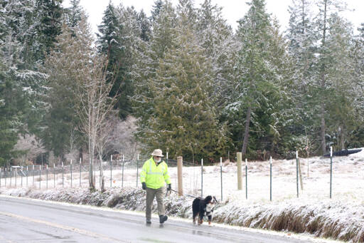 Jon Purnell walks his dog on Hoare Road south of Port Angeles, where the elevation helped to capture some snow. (Dave Logan/for Peninsula Daily News)