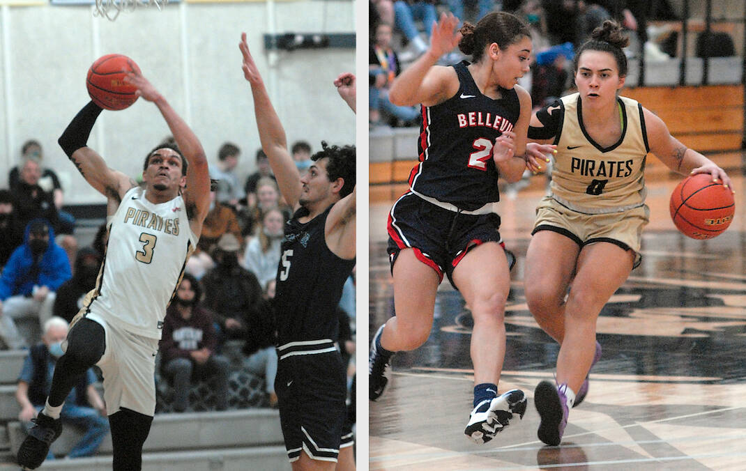 Jaylin Reed, left and Keeli-Jade Smith of the Peninsula College basketball teams in action Saturday. (Keith Thorpe, Peninsula Daily News)