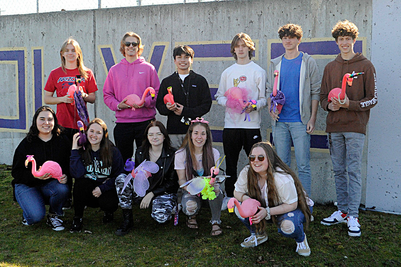 The fundraiser for Sequim High’s Class of 2022 graduation party placing flamingos on lawns started last Sunday. Pictured on the first night are, from top left, Tyler Lawson, Harrison Bell, Kristian Mingoy, Kaden Sleeper, Duke Anderson, Adrian Brown; bottom left, Alisa Bibaj, Desara Bibaj (sophomore), Madison McKeown, Jordan Hegtvedt and Abigail Carlson. (Matthew Nash/Olympic Peninsula News Group)