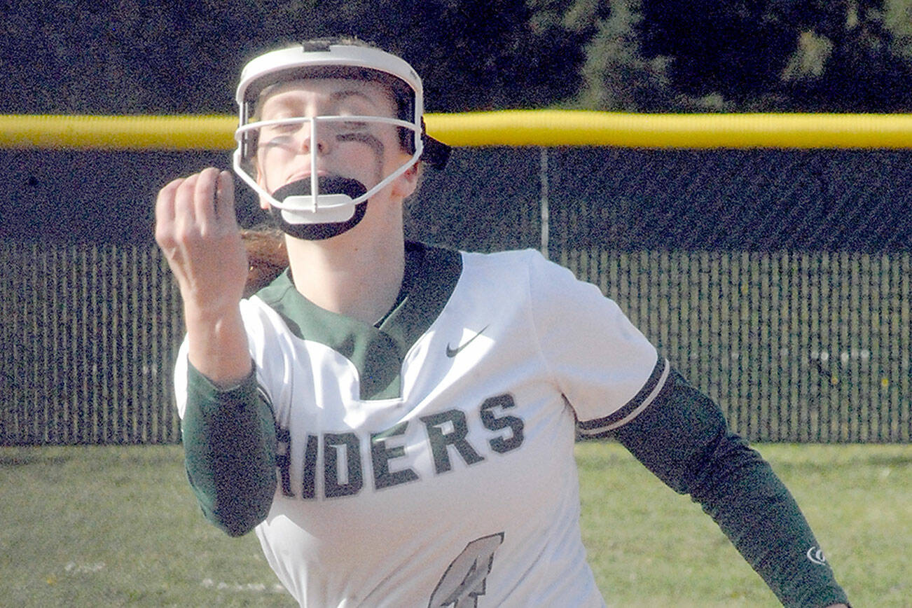 Port Angeles pitcher Teagan Clark throws in the first inning against Bremerton on Tuesday at the Dry Creek athletic complex in Port Angeles. (Keith Thorpe/Peninsula Daily News)