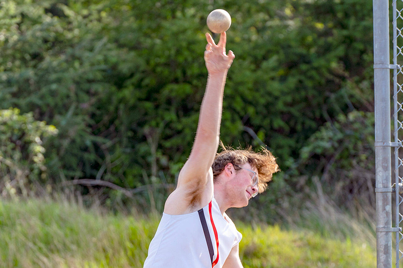 Steve Mullensky/for Peninsula Daily News

East Jefferson Rival, Tusker Behernfeld, puts the shot 41’ 1/4” during a meet at Blue Heron Middle School on Wednesday.