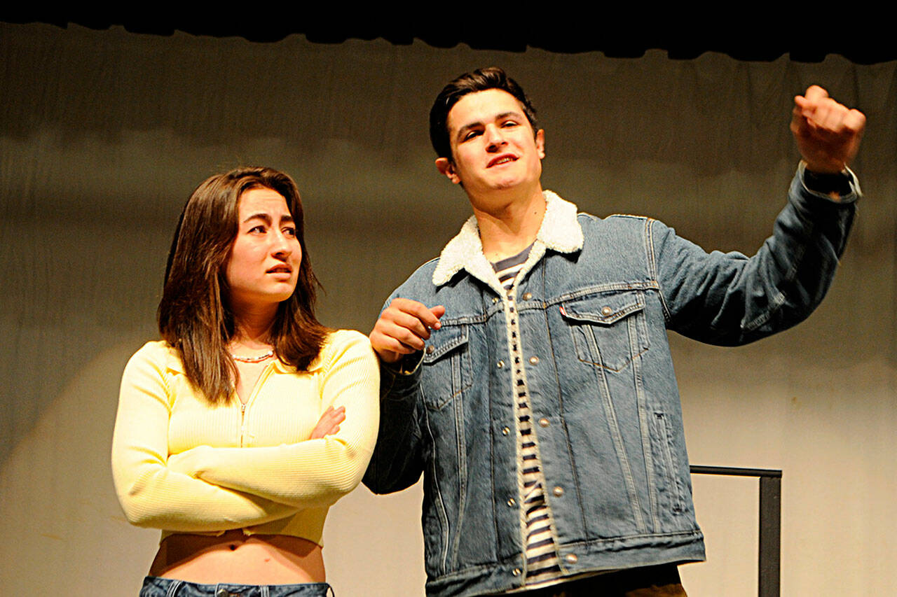 Emma (Kariya Johnson) and Jeff (Henry Hughes) share a disagreement during one of the many musical numbers in “Emma: A Pop Musical.” (Matthew Nash/Olympic Peninsula News Group)