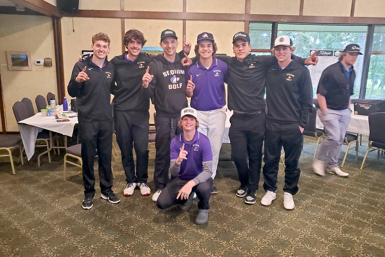 The Sequim boys golf team earned a 19-stroke victory in the Olympic League Boys Golf Championships held Monday at Kitsap Golf & Country Club. Sequim's Ben Sweet (kneeling) won the individual league title by one stroke over teammate Dominic Riccobene, far left. The Wolves also finished the Olympic League regular season with an undefeated record. Team members are, from left, Riccobene, Cole Smithson, Coach Sean O’Mera, Lars Wiker, Pryce Glasser, Zackary Thompson and Sweet.