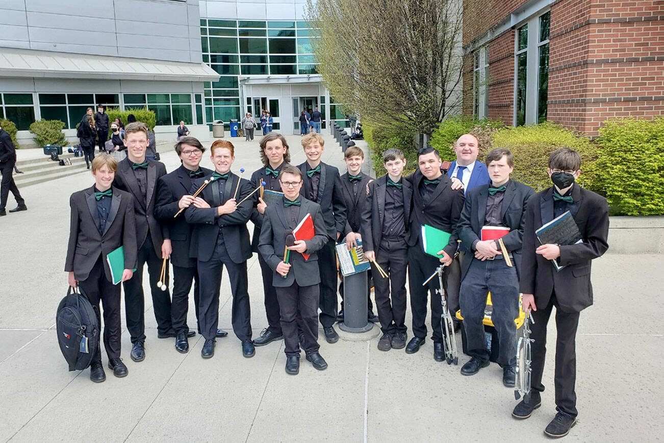 Pictured, from left to right, Jacob Weaver, Will Rife, Jack Council, Everett Hunsaker, Jack Slaczka, Gavin Bringhurst, Reid Schmidt, Cyrus Deede, Bobby Starr, Isaac Ordona, band director Jarrett Hansen, Caleb Stuber and Liam Hare.