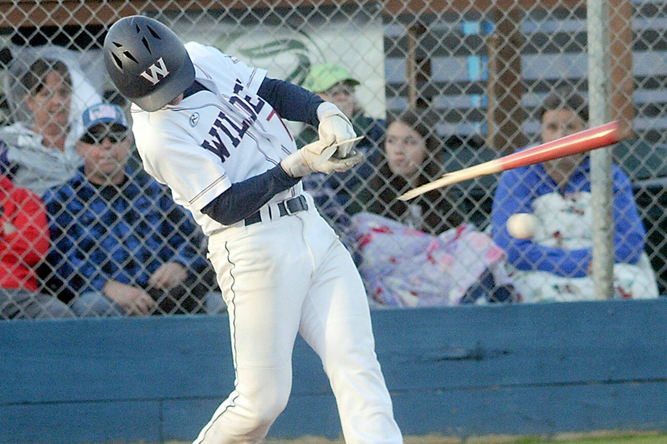 Keith Thorpe/Peninsula Daily News
Wilder Senior's Ezra Townsend swings and breaks his bat on contact during the first inning of Saturday's game against NW Sting at Port Angeles Civic Field.