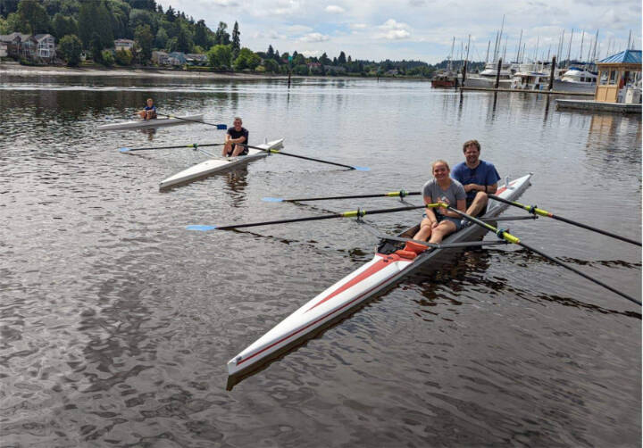 Olympic Peninsula Rowing Association rowers from left Teig Carlson, Edward Gillespie, Lizzy Shaw and Sean Halberg competed at Budd Inlet this past weekend. (Courtesy photo)