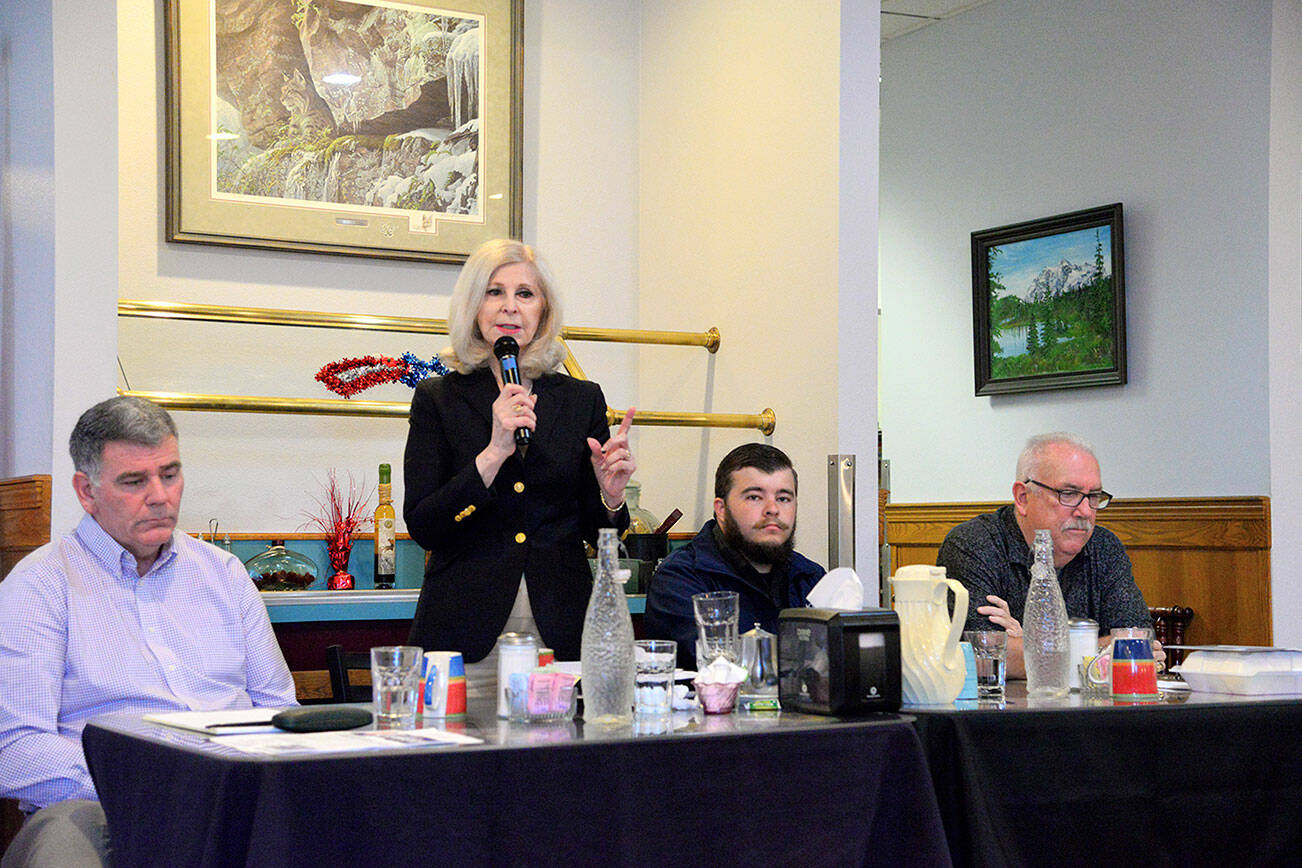 Candidates for director of the Clallam County Department of Community Development speak at Joshua’s Restaurant in Port Angeles during a candidate forum hosted by the Port Angeles Business Association. From left to right, Bruce Emery, Cherie Kidd, Jesse Major and Kevin Russell. (Peter Segall / Peninsula Daily News)