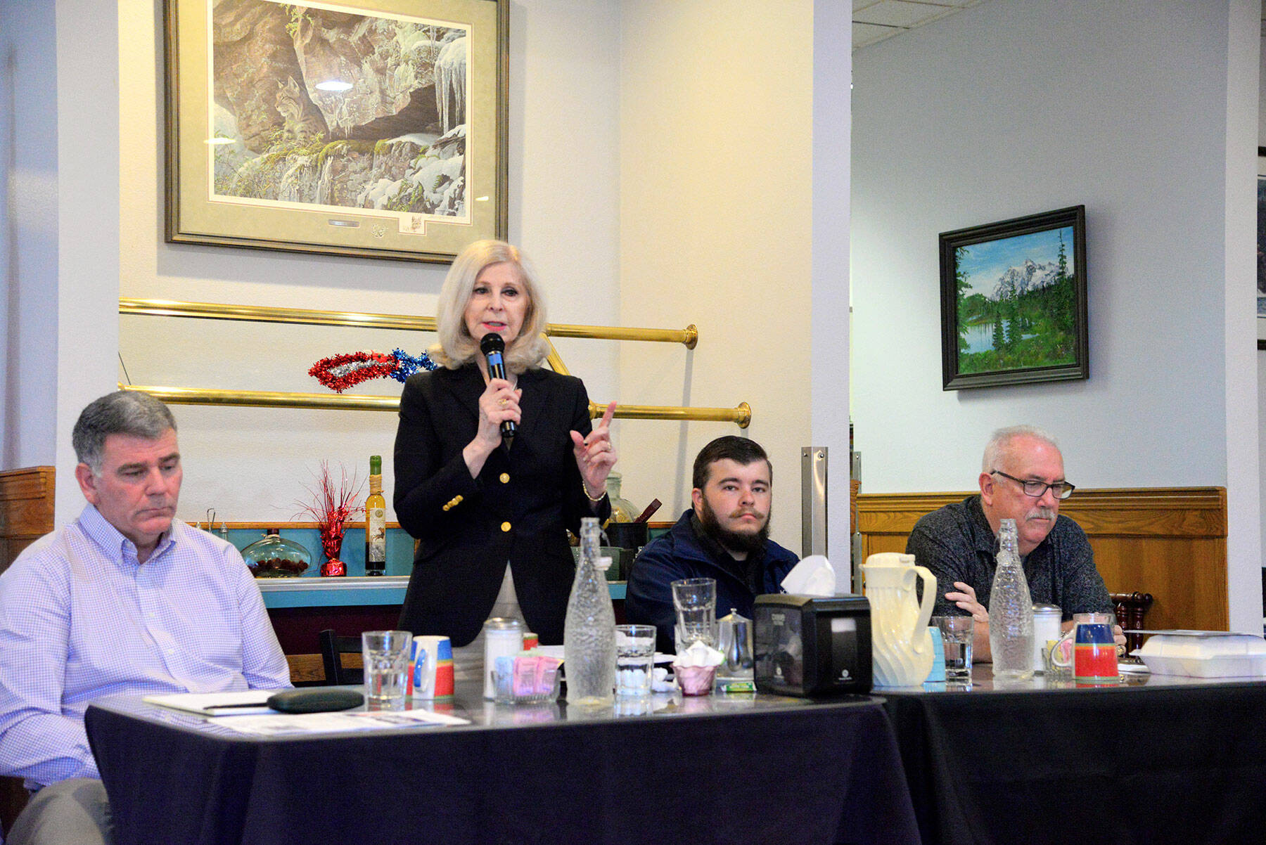 Candidates for director of the Clallam County Department of Community Development speak at Joshua’s Restaurant in Port Angeles during a candidate forum hosted by the Port Angeles Business Association. From left to right, Bruce Emery, Cherie Kidd, Jesse Major and Kevin Russell. (Peter Segall / Peninsula Daily News)