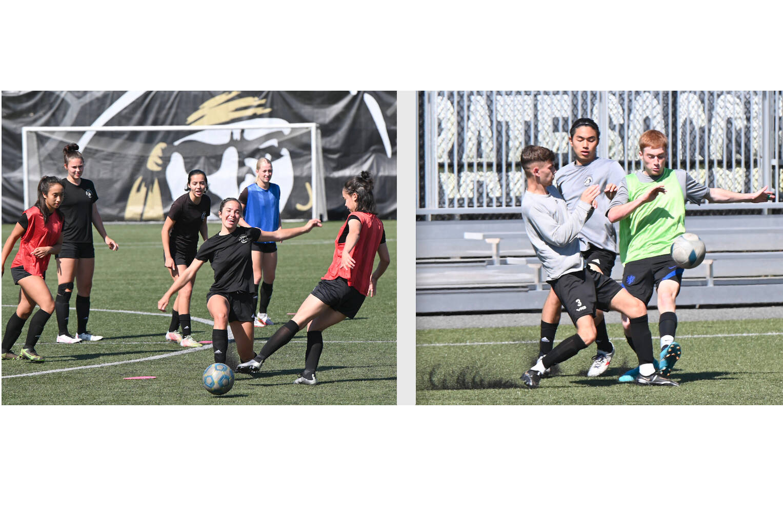 Courtesy photos
The defending NWAC champion Peninsula College women's team got on the field for the first time this summer Monday for its first practice of the season. From left in the back are Pirates Breana-Jean Tanaka, Jordyn Newman, Kira Meechudhone and Lexi Harris. Battling over the ball are Riley Sims, left, and Blake Plummer.