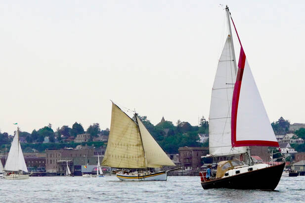 Sailboats cruise by the downtown area of Port Townsend to end the 45th Wooden Boat Festival at Point Hudson Marina on Sunday. (Steve Mullensky/for Peninsula Daily News)