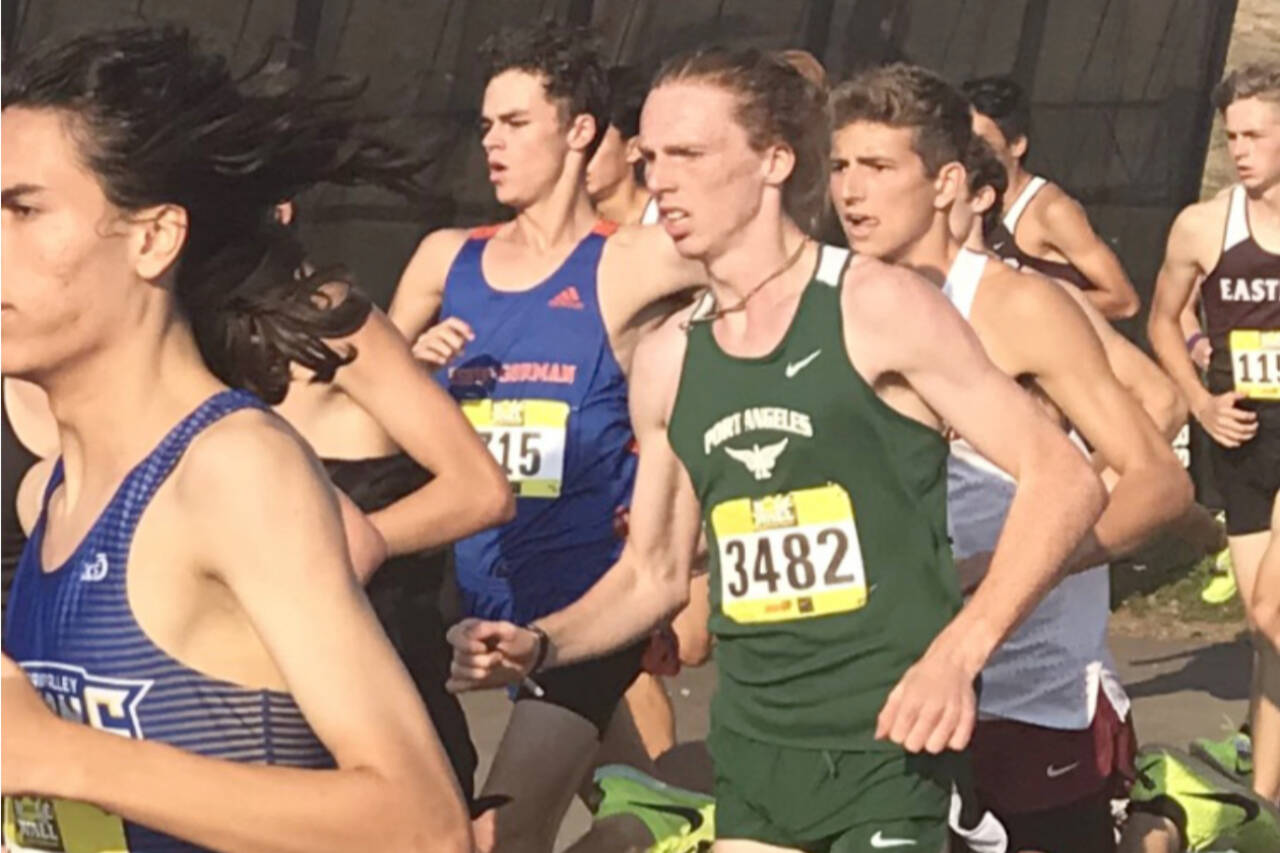 Port Angeles’ Jack Gladfelter (3482) competes in the men’s elite division of the Nike Hole-in-the-Wall cross country meet in Arlington this weekend. Gladfelter finished sixth in his race and for the second straight week set a Port Angeles High School record. (Photo courtesy of Joe Gladfelter)