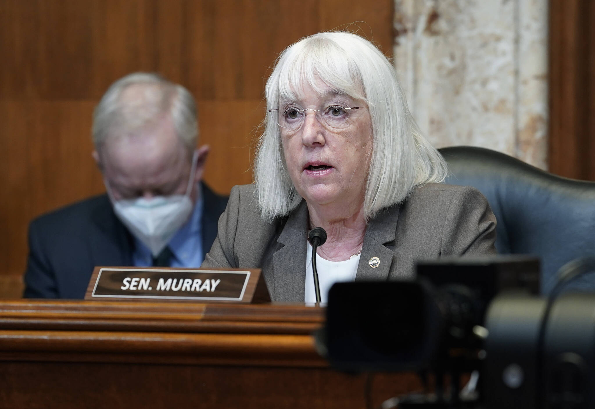 Sen. Patty Murray, D-Wash., speaks during the House Committee on Appropriations subcommittee on Labor, Health and Human Services, Education, and Related Agencies hearing. Murray faces Republican Tiffany Smiley in the November election. (Mariam Zuhaib/The Associated Press, File)