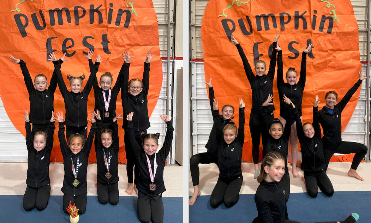 (Left) The Klahhane Gymnastics bronze team. From left, front, are McKinlee Thomason, CarlyMae Riggs, Paytynn Lindley and Charlotte Nevil. From left, back, are Raeleigh Thomason, Morgan Smith, Lainey DePiro and Harper Waterkotte. (Right) The Klahhane Gymnastics gold and platinum gymnasts. In the front is Harper Hilliker. From left, middle, are Gracelyn Goss, Raynee Ciarlo, Kira Hartman, Elyse Brown and Scarlett Sullivan. From left, standing, are Daylen Williams and Lucy Spekler.