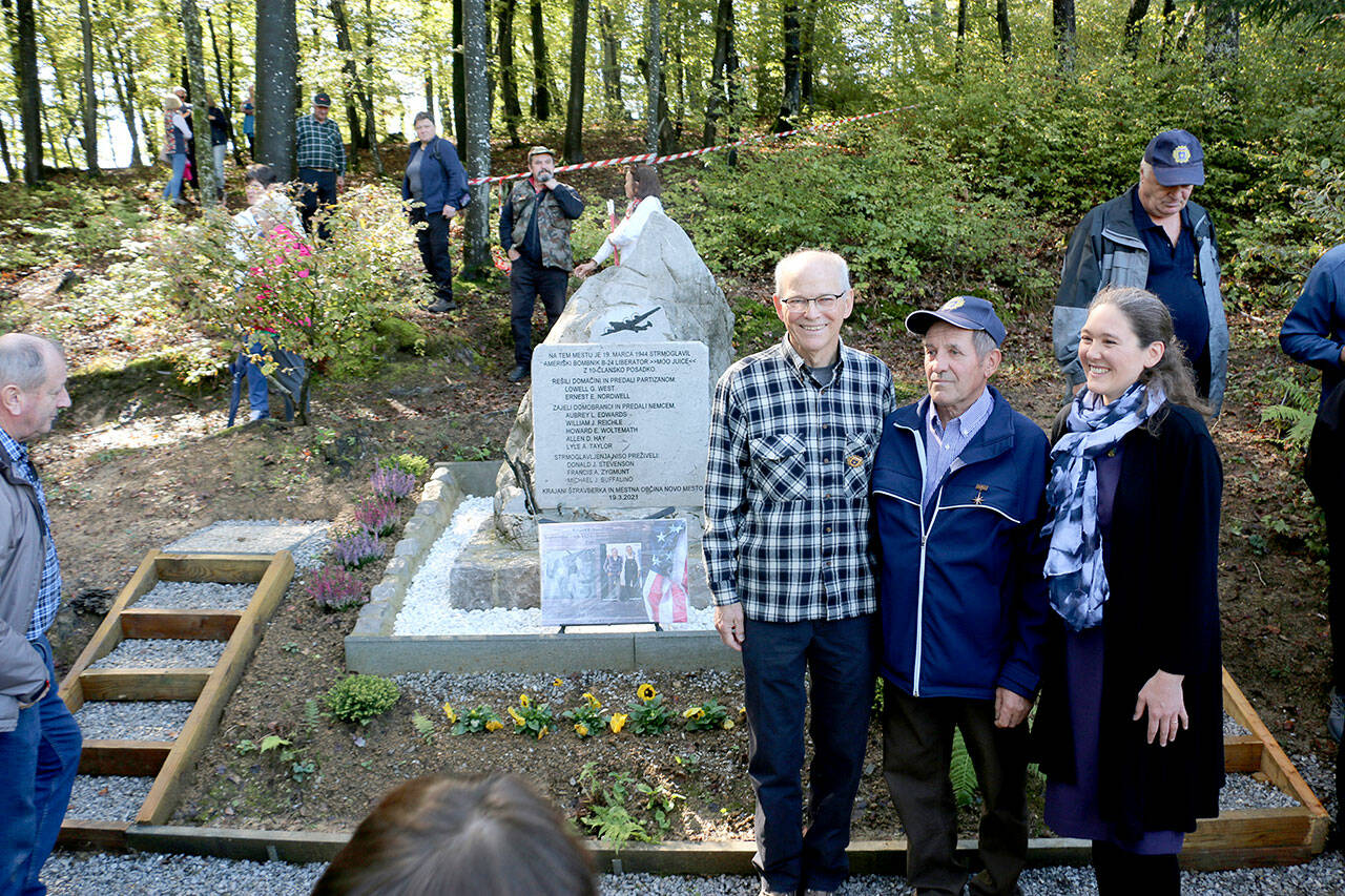 Steve Nordwell and his daughter Hillary stand with Anton Blasic at the site of the memorial in Stravberk, Slovenia, where Nordwell’s father’s plane went down during World War II. (Steve Nordwell)