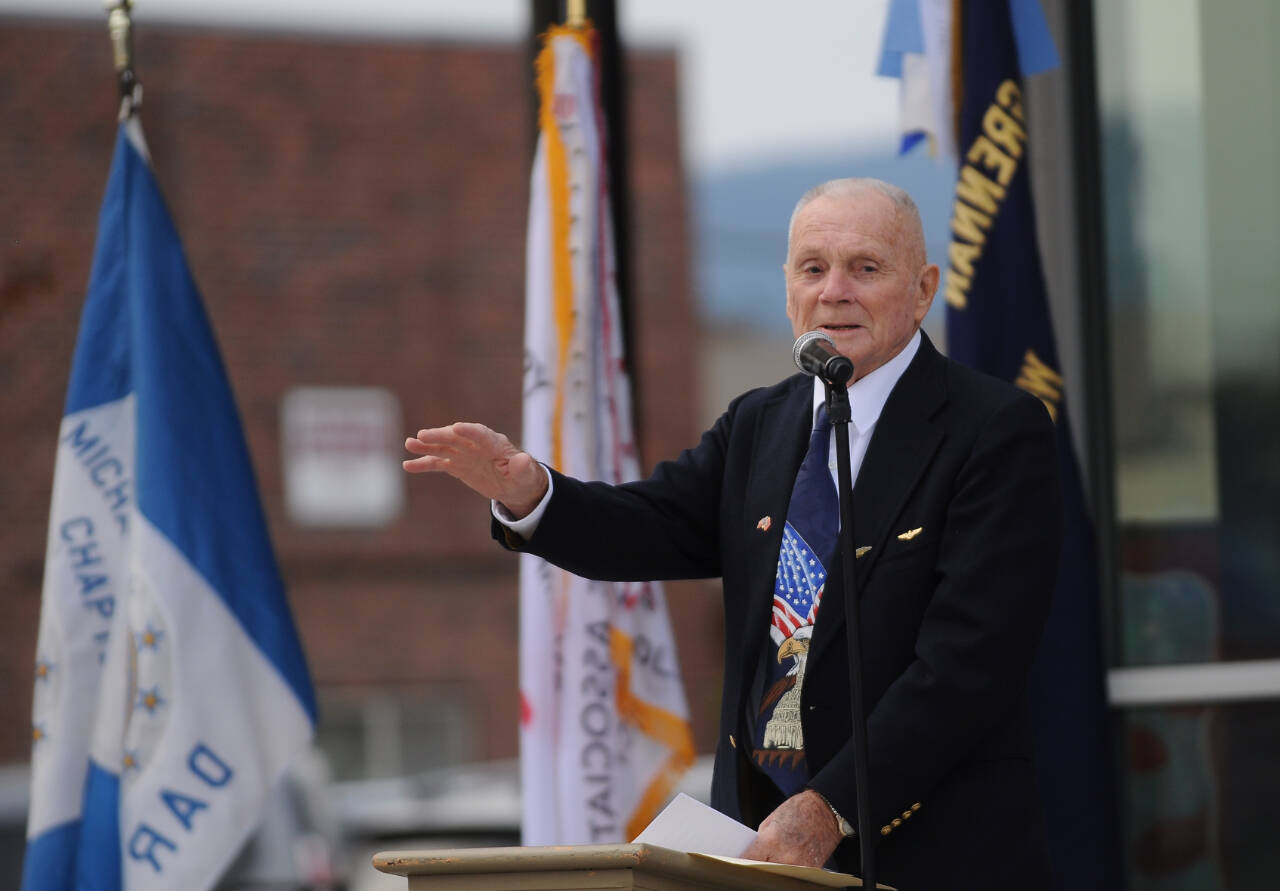 Col. Tom Johnson (U.S. Marine Corps, ret.) of Sequim speaks to a Veterans Day Ceremony audience at the Sequim Civic Center plaza Friday. He told veterans to be proud of their contributions, saying you are part of history.