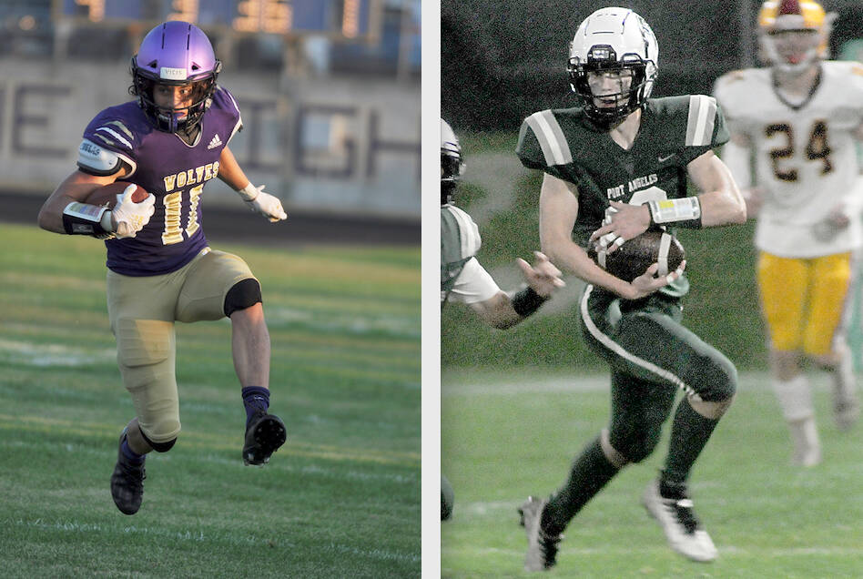 Sequim’s Aiden Gockerell, left, and Port Angeles’ Blake Sohlberg, right were among four Olympic Peninsula players named to the Olympic League first teams offense and defense. Sequim’s Ayden Holland and Port Angeles’ Jason Hawes were also named. (Photos by Michael Dashiell and Keith Thorpe, Olympic Peninsula News Group and Peninsula Daily News)