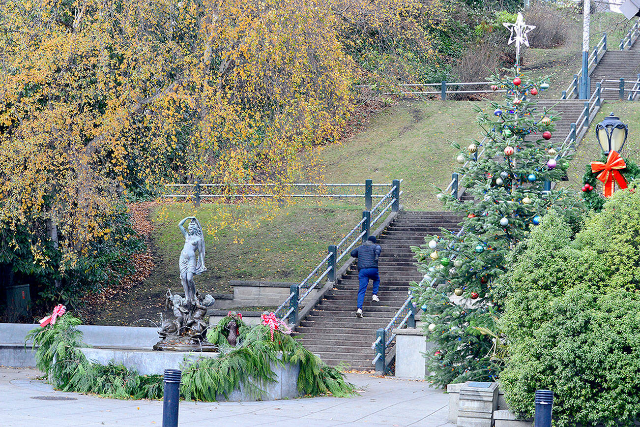 Diane Urbani de la Paz/for Peninsula Daily News
A runner starts his ascent Friday on the Taylor Street stairs in downtown Port Townsend, where the city's Christmas tree stands ready for lighting at about 4:30 p.m. today. Santa will arrive on the Kiwanis Choo Choo after listening  to the children's requests at Flagship Landing earlier in the day, Caroling with the Wild Rose Choral and ornament-making at the Tyler Street Plazas tent also are planned today.