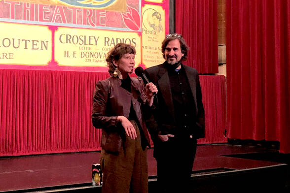 George Marie and Michael D’Alessandro of Port Townsend were introduced Sunday as the new owners of the Rose Theatre. (Diane Urbani de la Paz/for Peninsula Daily News)