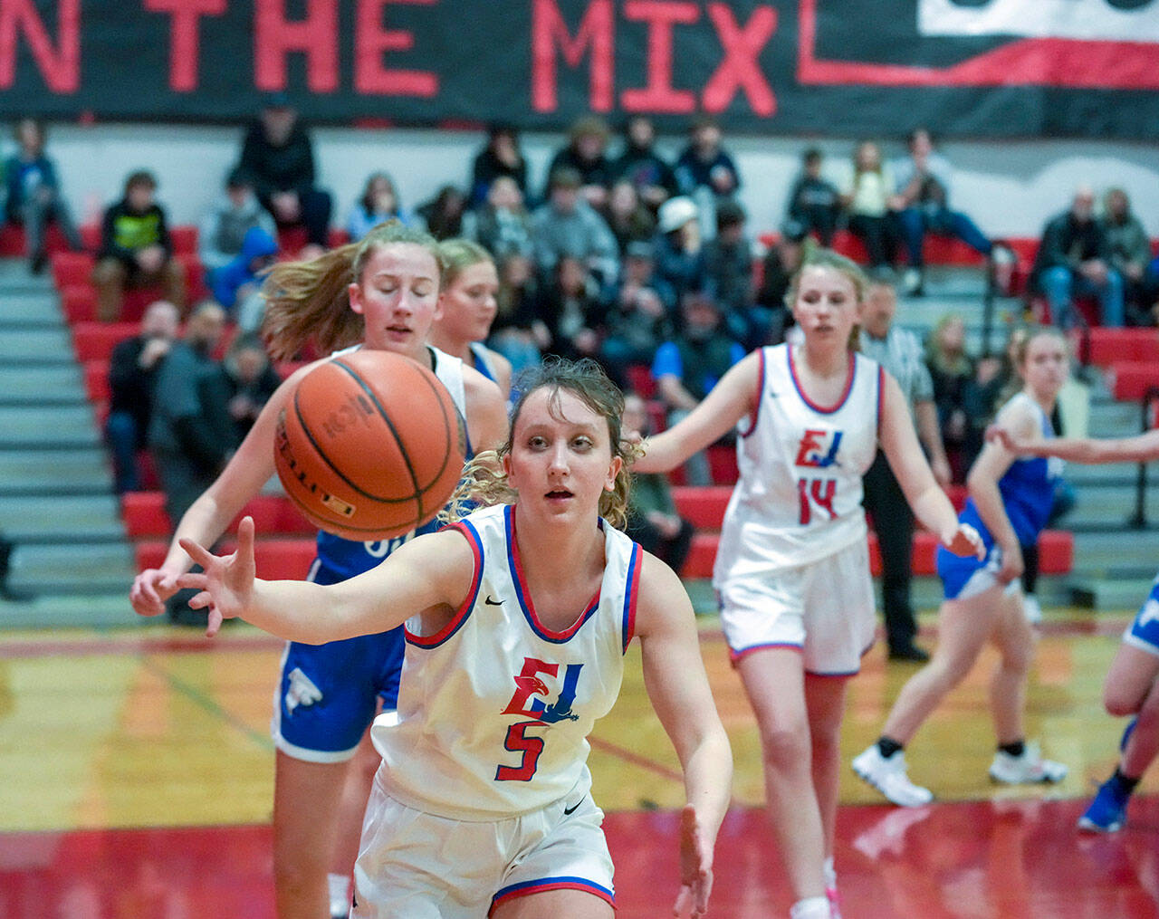 Steve Mullensky/ for Peninsula Daily News East Jefferson Rival Juliette O’Hara goes ofter a loose ball to keep it inbounds during a Monday game played at the high school against the South Whidbey Falcons.